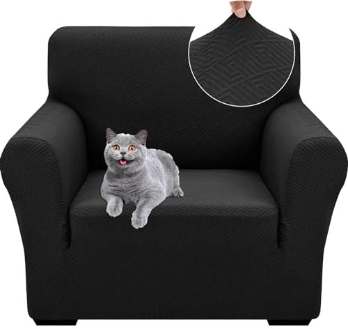 Ystyle Stretch Sofa Überzug 1 Sitzer, Sesselschoner rutschfest Mit Armlehne, Elastische Couch Überzug Jacquard, Universal Sofa Cover Moderne, Sofaschoner Hund Katze Wohnzimmer, Schwarz