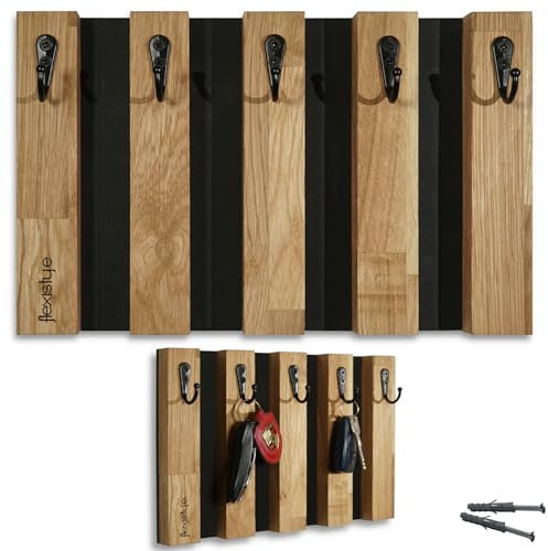 FLEXISTYLE Lamellen Schlüsselbrett Garderobenleiste Holz, Eiche, Hakenleiste, Kleiderhaken, Wandhaken, Edelstahl, Wandgarderobe, Garderobenpaneel, für Flur, Kinderzimmer, Schlafzimmer (30cm 5 Haken)