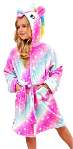 Ceruwum Einhorn Bademantel für Mädchen Weich Fleece Morgenmäntel mit Kapuze (Rosa/Lila/Blau, 3-4 Jahre)