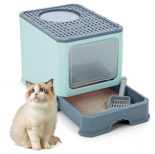 The Fellie Cat Litter Box, Large Anti-Splashing Cat Litter Tray with Lid, Scoop & Drawer, Odor Control Easy Clean Hooded Kitty Litter Box, Green, 50Lx40Wx38H