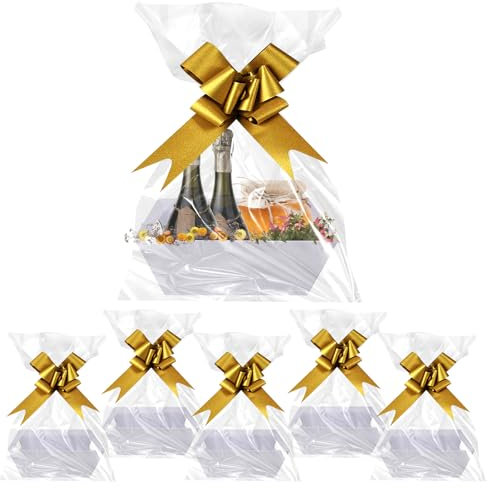 Geschenkkörbe Set, 6 Stück Präsentkorb Leer, Körbe Für Geschenke, Geschenkkorb Pappe Mit Griffen, Bogenknoten Und Transparenten Geschenktüten, Hamper Basket Kit Für Weihnachten Party Feiern (Weiß)