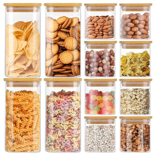 LDXDRU 12 Pack Glass Storage Jars with Bamboo Lids, 400 / 700ml Spice Jars | Airtight Food Storage Jar Kitchen Jar for Spice Herbs Coffee Tea Pasta Beans Sugar Cookie Snack Seed