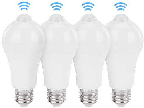 TIMIOTC 4 Pack of Motion Sensor LED Bulb with E27 Cap, Detects Human Movement and Automatic ON/Off in Darkness, 12W Bulb with PIR Sensor and Light Sensor, Security Light Bulb for Garden Pathway (4)