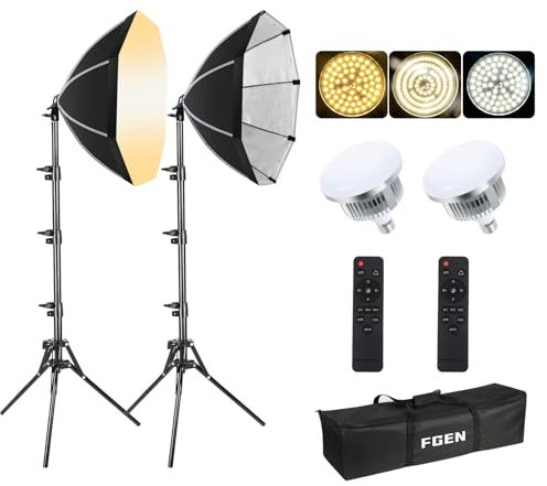 FGen Softbox,2x85W 2700-6400K Fotostudio Set,2x50cm Octogen Softboxen mit 1.5m Vollverstellbare Lichtstative für Porträtfotografie, Live-Streaming, YouTube-Videofotografie
