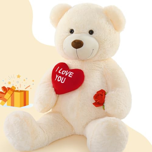 MorisMos 90cm Hellbraun Riesen Teddys mit Herz- I Love You, weich Teddybär groß XXL Kuscheltier, Geburtstag Weihnachten Geschenk für Mädchen Freundin Kinder