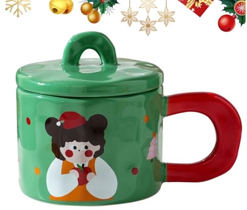 Vidillo Tazas de café de cerámica de Navidad 300ml Xmas Taza de cerámica de regalo con tapa Durable Taza de té Taza de leche Taza de café para las mujeres Esposa Mamá Su abuela Chica Maestra (Verde)