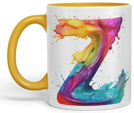 Vixar Letter Z Mug, Alphabet Letter Z Monogram Watercolour Ceramic Coloured Mug Cup for Tea Coffee Hot Brew 330ml 11Oz Gift (G Yellow)