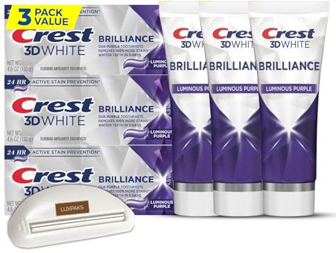 CRST 3D White Brilliance Luminous Purple Teeth Whitening Toothpaste, 130.4 g, 3er Pack - Best Purple Whitening Zahnpasta gebündelt mit LUXPAKS Squeezer