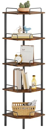 Tajsoon Corner Shelf Stand, 5 Tier Industrial Corner Shelves, Multipurpose Standing Display Shelf, Corner Shelving Unit for Bedroom, Living Room, Office, Kitchen, Rustic Brown