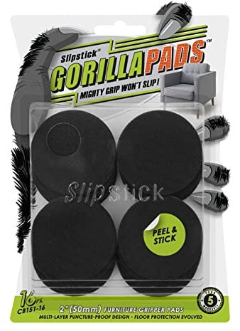 Slipstick GorillaPads Non Slip Furniture Pads/Gripper Feet Floor Protectors (Set of 16) Premium 50mm Round Self Adhesive Rubber Stoppers for Furniture Legs, Black, CB151-16