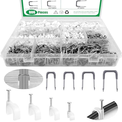 Yauhar 800Pcs 4mm 6mm 8mm 10mm J-Hook Ethernet Cable Nails Wire Clips with Steel Nails and 5/8 3/4 1/2 1 Insulated U Staple Nail for Home Office Business