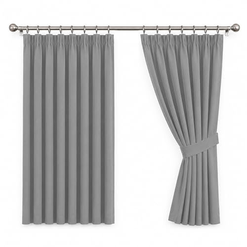 Oxford Homeware Blackout Pencil Pleat Curtains for Bedroom 66 X 54 Inch Light Grey Curtains for Living Room Energy Saving Soft Curtains 2 Panels with Tiebacks