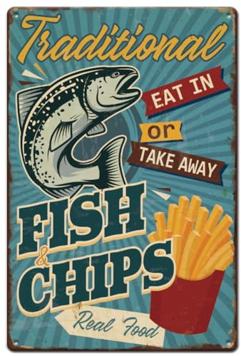 SUPERDANT Traditional Fish Chips Tin Sign Eat in or Take Away Metal Signs Food Wall Plaques Funny Signs and Plaque Iron Wall Art Poster for Kitchen Man Cave Bar Pub Vintage Decor Housewarming Gift