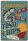 SUPERDANT Traditionelles Metallschild Mit Fischchips Zum Essen Vor Ort Oder Zum Mitnehmen Blechschild Lebensmittel Vintage Deko Retro Metallwandkunst Poster Für Zuhause Küche Restaurants Bars