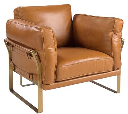 Angel CERDÁ - Ledersessel aus Kamelfarbenem Leder mit Goldenen Details und Stahlbeinen - Moderner Design Sessel für Wohnzimmer oder Leseecke - 97 x 88 x 82 cm