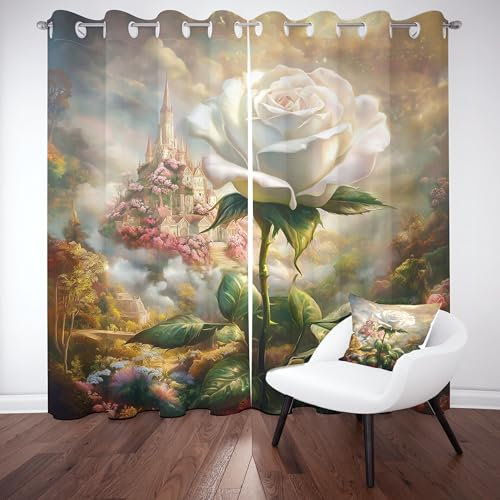 Sobhdga Rosen Blumen Romantisch Vorhang H 225 x B 140 cm, Burg Wonderland Gardinen, Märchen Fantasie Verdunklungsvorhänge mit Ösen 2er Set Kälteschutz Thermovorhang für Wohnzimmer Schlafzimmer