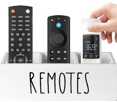 HAUYEST Remote Control Holder With 3 Compartments, TV Organizer for Table, Bedside Caddy Wooden Box for Nightstand, Media Storage Box for Living Room, Bed (White)