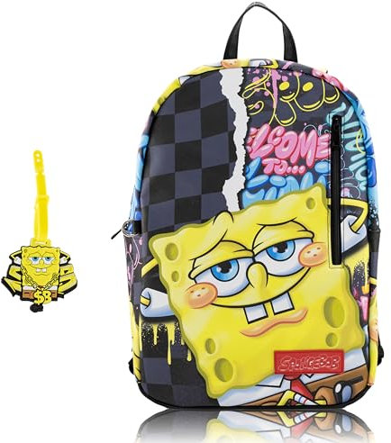 Fast Forward Stitch, Hello Kitty, SpongeBob oder Miles Morales Rucksack für Teenager mit Gepäckanhänger aus Gummi, SpongeBob Schwammkopf, Tagesrucksäcke