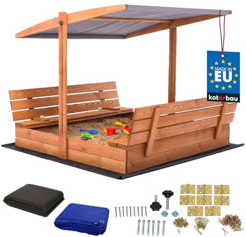 KOTARBAU® Sabbiera per Bambini, Legno di Pino, 140 x 140 cm | Marrone, Sabbiera con Coperchio, con Tetto Grigio e Sedute, da Esterno Giardino, Protezione Sole Pioggia