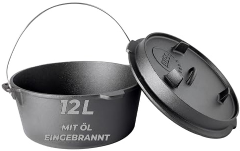 BIOL Dutch Oven 6 | 8,5 | 12 Liter aus Gusseisen – Eingebrannter Feuertopf mit Deckelheber und Doppelfunktions-Deckel, Für Outdoor & Indoor, Schwarz (12 Liter)