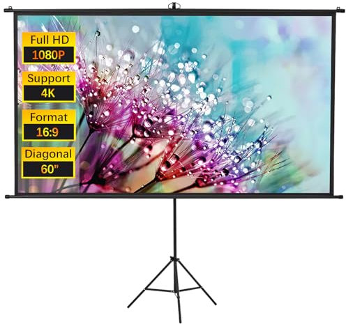 INMOZATA 60 inch Projector Screen and Stand/Wall/Ceiling Projection Screen Outdoor Indoor with 16:9 Ratio Matte White Screen & Ambient Light Rejecting Movie Screen for Garden Camping Home Theater
