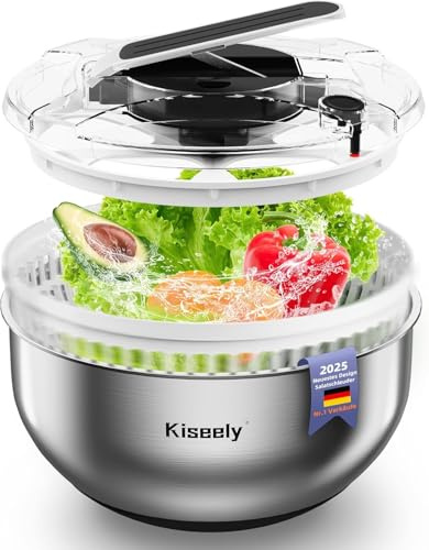 Salatschleuder aus Edelstahl, leicht zu drückender großer Gemüsetrockner, Zum Salat waschen und trocknen, 4,2L, mit Schüssel und Deckel aus Edelstahl 304 für Salat, Gemüse, Kräuter, Beeren (QR8)