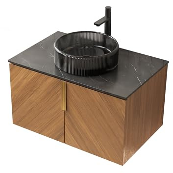odikalo Badezimmer Waschtisch 76cm Wandhalterung Badmöbel mit Transparent Schwarzem Glas-Waschbecken, Arbeitsplatte aus Schwarzem Sinterstein, Waschbeckenunterschrank mit 2 Türen