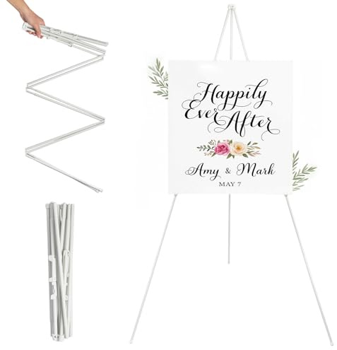 Generic Collapsible Easel Stand for Wedding Sign, Poster & Display Board – Portable Adjustable Tripod, Lightweight Metal Frame for Party, Ceremony & Exhibition (White)