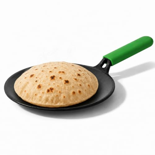 ESSPY 26cm/10inch Pre-Seasoned Cast Iron Roti, Chapati Tawa, Dosa Tawa with Silicon Handle, Dosa Kallu, Iron Tawa Pan, Cast Iron Cookware, Black