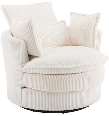 Karl home Swivel Accent Chair, Round Barrel Cuddle Tub Armchair Small Single Sofa with 360° Rotating Metal Base & 3 Pillows for Living Room, Bedroom, Lounge, Reading Room, White