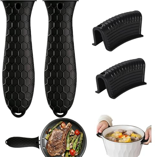 4Pcs Silicone Hot Handle Holder 14x5.7 cm Pan Handle Sleeves | Non-Slip Potholder Pan Handle Heat Protector for Cast Iron Skillets Frying Cast Iron Pan Protector(Black)