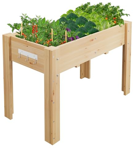 Garvee Potager Surélevé Bois 119×57×76cm Doublure Pieds Crochets Terrasse | Carré Potager Surélevé En Bois Avec Pieds, Crochets Et Doublure, Adapté Aux Légumes, Fleurs Et Herbes Pour Jardin Et Terrasse