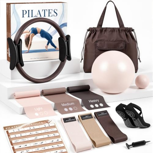 GINMIC Pilates Set, 13-teiliges Trainingsset für Zuhause mit Pilates-Ring und -Ball, 3 Widerstandsbänder in 3 Stärken, inkl. Übungsanleitung und Tragetasche – Ideal für Anfänger und Ganzkörpertraining