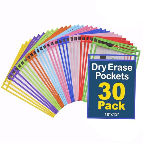 BONBELA Dry Erase Pockets 30 Pack - 10 x 13 Reusable Dry Erase Pocket Sleeves for Work & School Countertops - Heavy Duty Clear Pocket Sleeves - Quick Wipe to a Flawless Cleaning (Multicolor)