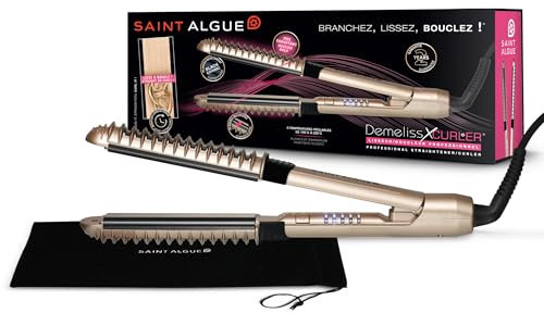 Demeliss SAINT ALGUE - Alisador Rizador Profesional 2 en 1 XCURLER - Placas Cerámicas Finas - 5 Temperaturas - Exterior Curvado y Calefactado, Rizos Duraderos - Todo Tipo de Cabello