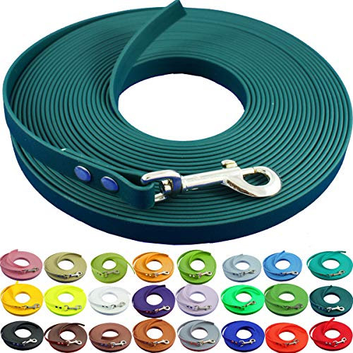 bio-leine Schleppleine 12 mm aus Beta BioThane® 10 Meter lang in Dunkelgrün ohne Handschlaufe für mittelgroße Hunde, schmutz- und Wasserabweisende Hundeleine