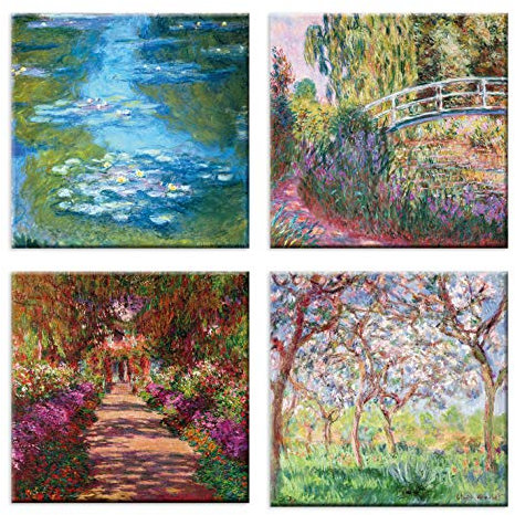 LuxHomeDecor Bilder Claude Monet 4 Stück 30 x 30 cm Druck auf Leinwand mit Holzrahmen Kunst Wohnkultur