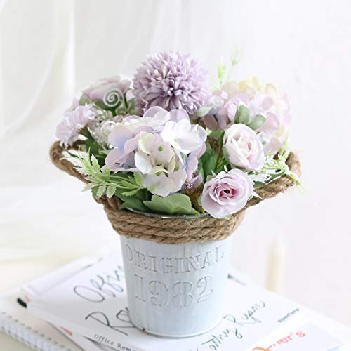 Leixi - Fiori di ortensia artificiali con vaso, 11 × 20 cm, piante finte in vaso di metallo, rose di seta per casa, ufficio, scrivania, decorazione per la casa, regalo per la casa (viola chiaro)