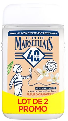 Le Petit Marseillais | Crème de Douche Extra Douce Fleur d'Oranger Bio (lot de 2 flacons de 250 ml) – Gel douche avec 92 % d'ingrédients d'origine naturelle – Édition limitée 40 ans