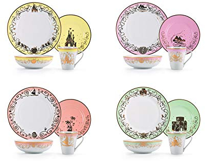 Disney Princess 16-teiliges Keramik-Geschirr-Set | Merida, Pocahontas, Moana, Schneewittchen | Home Kitchen Essentials für das Esszimmer | inklusive Speiseteller, Suppenteller, Tassen | Gedeck für 4