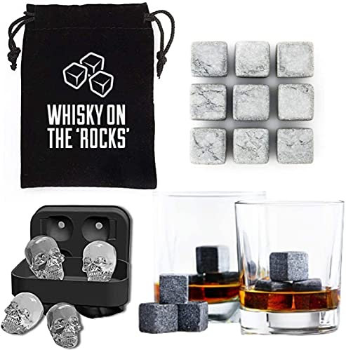Whiskey Stones GENERISE Whisky Stones Gift Set of 9 Natural Granite Whisky Rocks in Velvet Gift Pouch PLUS Skull Ice Cube Tray (Dark Grey Stones)