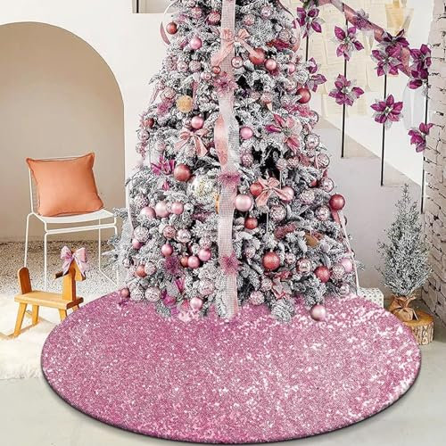 Weihnachtsbaum Decke Rosa,122 cm Pink Weihnachtsbaum Rock Rund, Tannenbaum Decke mit Doppellagigen Pailletten, Luxuriös Baumrock für Herbst Winter Thanksgiving Neujahr Karnevals Party Weihnachtsdeko