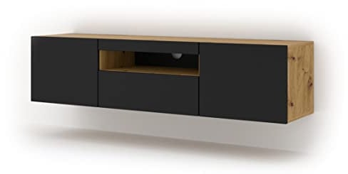 BIM Furniture Lowboard TV 150x42x37 cm - Hängend oder stehend Sideboard mit LED Fernsehschrank HiFi Schrank fürs Wohnzimmer Artisan Eiche und Schwarz Matt