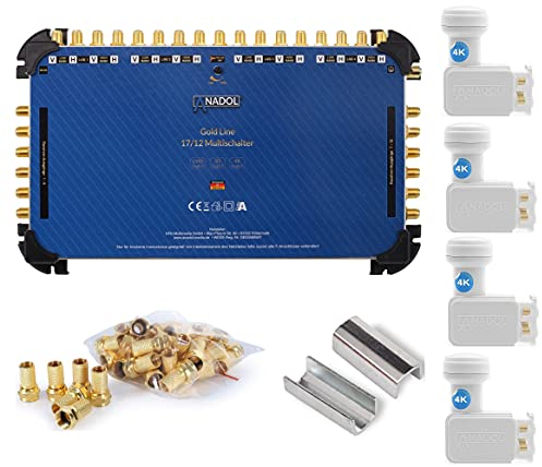 4X Anadol Quattro LNB + Anadol Gold Line 17/12 Multischalter im Set - für 4 Satelliten & 12 Teilnehmer/Receiver - Digital Multiswitch, HD Sat-Switch, + Netzteil + Aufdrehhilfe + 61 F-Stecker