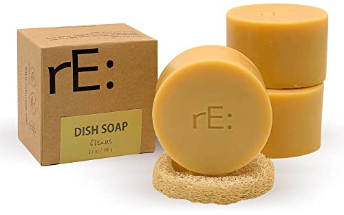 rE: Dish Washing Soap Bars (Loofah holder sponge included) - palm oil free, eco friendly, zero waste, plastic free, free of artificial dyes and fragrance (Citrus)