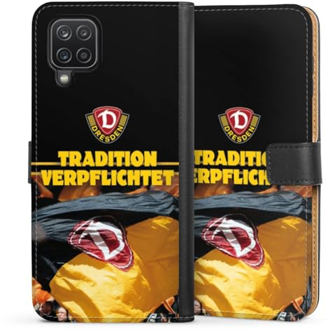 Klapphülle kompatibel mit Samsung Galaxy A12 Handyhülle aus Kunst Leder schwarz Flip Case SG Dynamo Dresden Fanartikel SGD