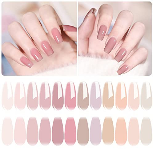 Vishine 12Pcs Nagellack Gel Polish Transparent Nude Pink, Gel Nagellack Set Natürlicher Hautton Nude French Maniküre Jelly Crystal Soak Off UV LED Nagellack 8ml