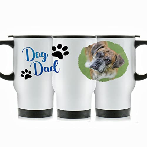 Hairyworm Personalised Travel Mug, 400ml White Stainless Steel Travel Mug with Handle, Customised with Photo 'Dog Dad' Paw Design Print