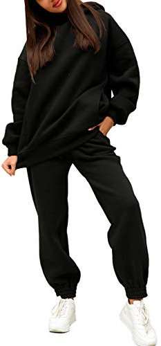 Viottiset Damen Hoodies Trainingsanzug Langarm Sweatshirts Jogger 2-Teilige Outfits Lässiger Sweatsuit Kapuze Schwarz XL
