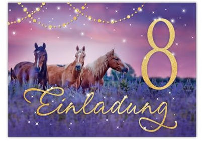 Junapack 12 Einladungskarten zum 8. Kindergeburtstag Pferd Motiv zum achten Geburtstag für Mädchen Karte Einladung mit Pferde Fohlen lila Glitzer